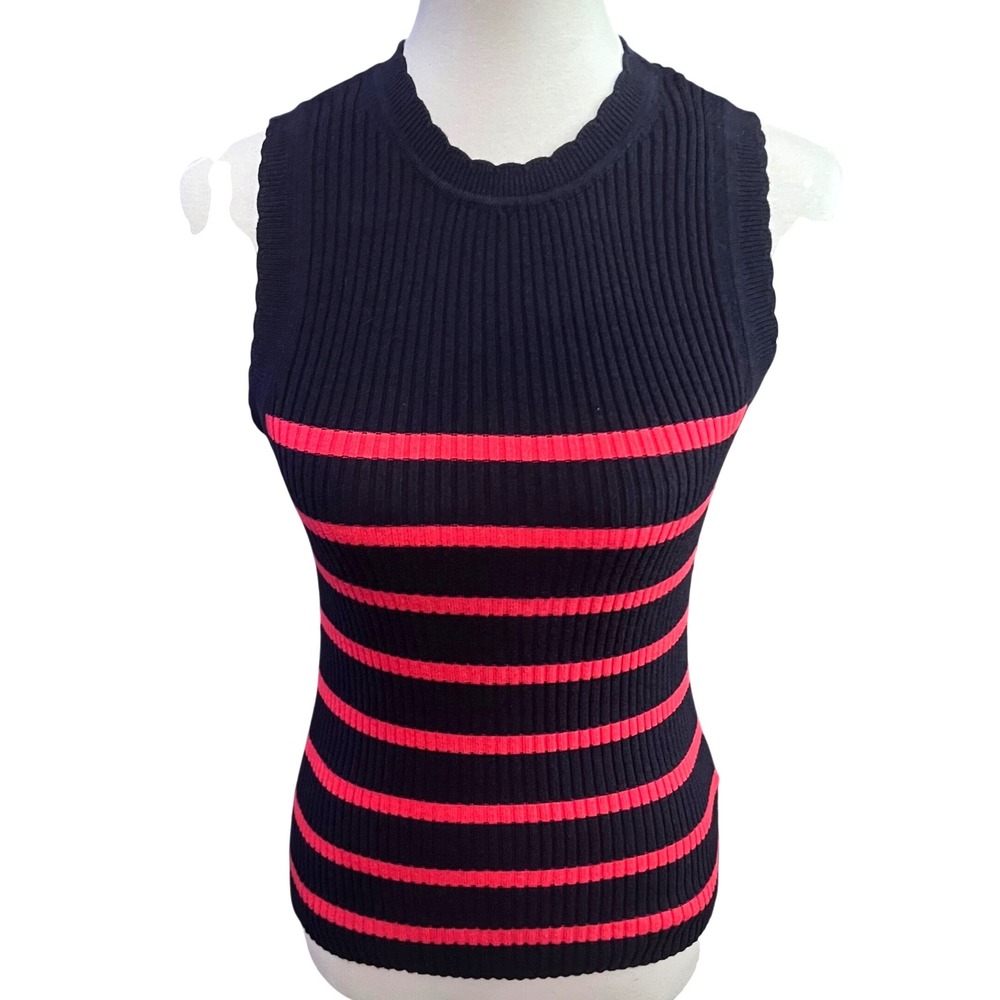 Free Assembly Womens Navy Hot Coral Striped Ribbed Knit Sleeveless Crew Top M‎